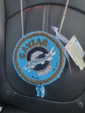 FREE SHIP Handcrafted in India Blue Select Caviar Tin Beaded Round Crossbody BAG
